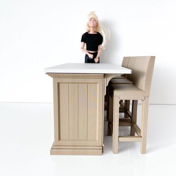 Barbie Integrity Doll Oak Kitchen Island 1:6 Scale 3 Matched Chairs 3D Printed - Picture 5 of 14